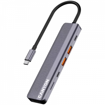 USB Type-C -keskitin CANYON DS-17 — HDMI, USB 3.2 Gen 1 A, USB-C, MicroSD, 10000 Mbit/s, harmaa