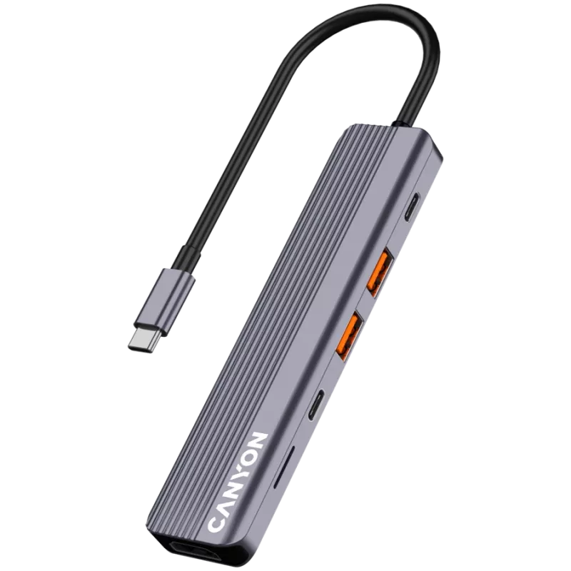 USB Type-C -keskitin CANYON DS-17 — HDMI, USB 3.2 Gen 1 A, USB-C, MicroSD, 10000 Mbit/s, harmaa