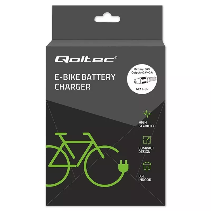 Sähköpyörän laturi QOLTEC 36V–42V 2A GX12 3-pin-liittimellä