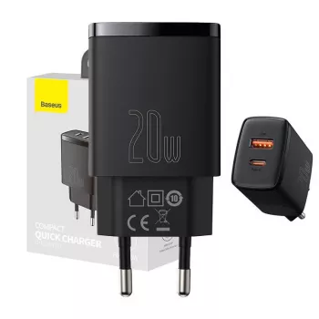 Sisäkäyttöön tarkoitettu USB-pikalaturi Baseus CCXJ-B01 – 2 porttia (USB-C PD 20W + USB-A QC3.0 18W), 100–240 V, musta
