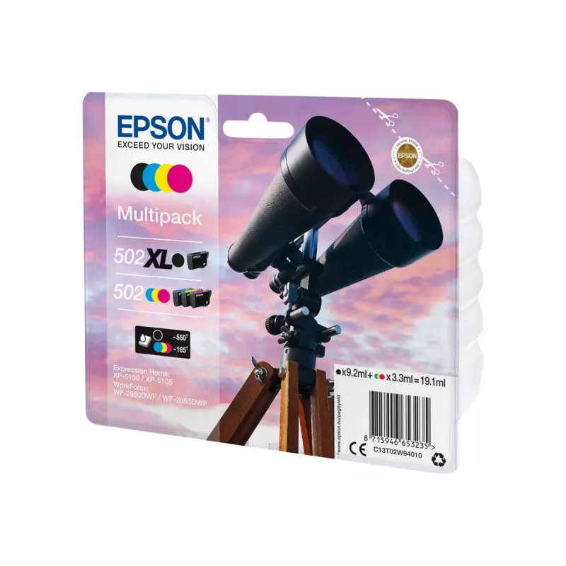 Epson 502XL alkuperäinen mustepakkaus, musta/syaani/magenta/keltainen, 4x (C13T02W94020)
