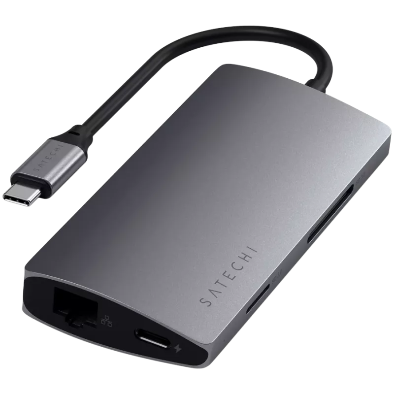 Satechi alumiinisovitin V2 USB-C (USB-C, 3x USB-A, 4K HDMI, kortinlukija micro/SD, Ethernet) (Starlight Grey)