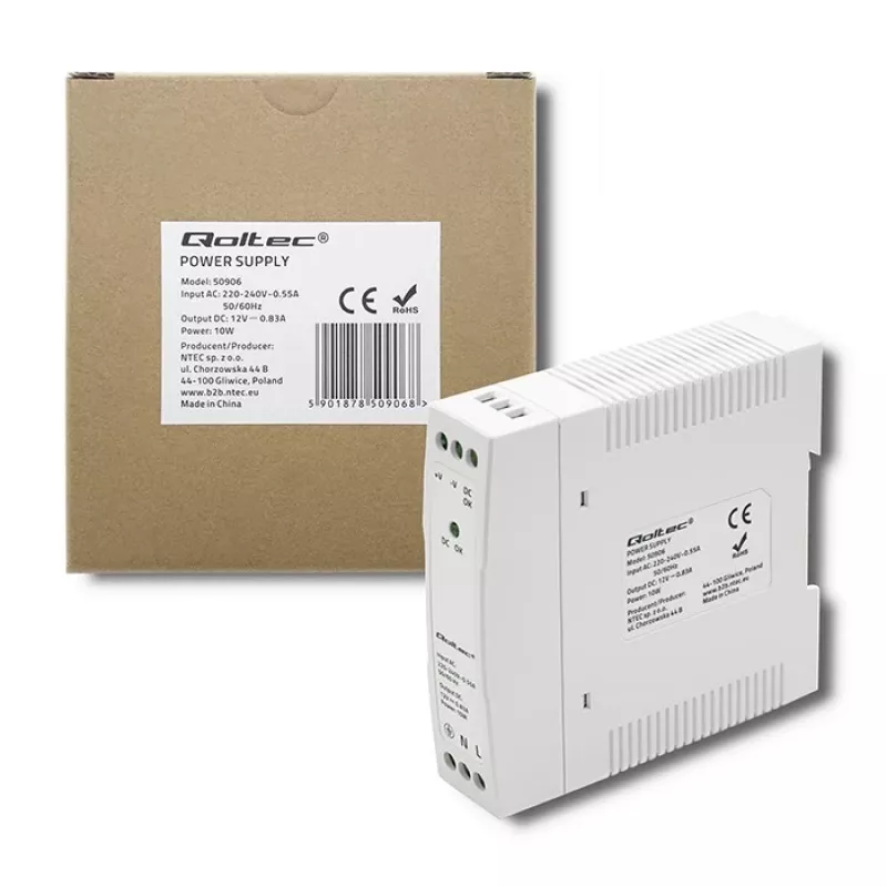 DIN-kiskovirtalähde 10W, 12V, 0.83A, ohut