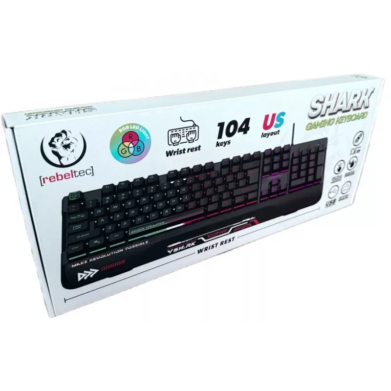 Rebeltec SHARK täysikokoinen pelinäppäimistö, RGB, sisäänrakennettu ranketuki, vedenpitävä