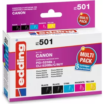 edding mustepatruunat EDD-501 2x musta, syaani, magenta, keltainen yhteensopiva Canon PGI-525 BK kanssa,