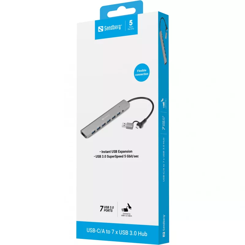 USB-keskitin SANDBERG 136-66 — 7x USB 3.0 liitäntää, ulkoinen virtalähteellä