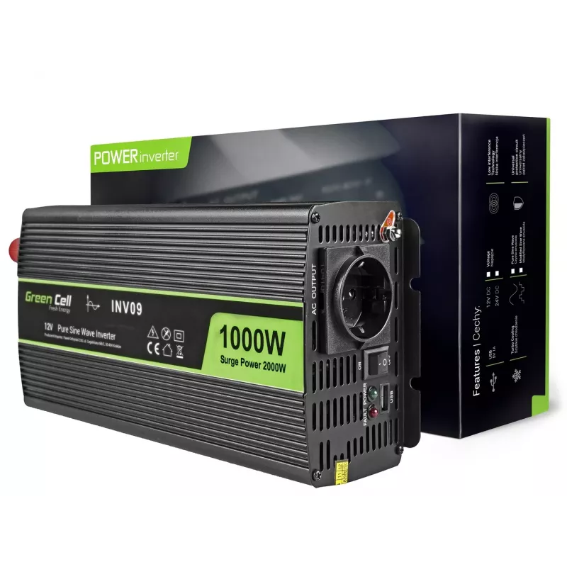 Green Cell INV09 jännitemuunnin auto 1000 W musta