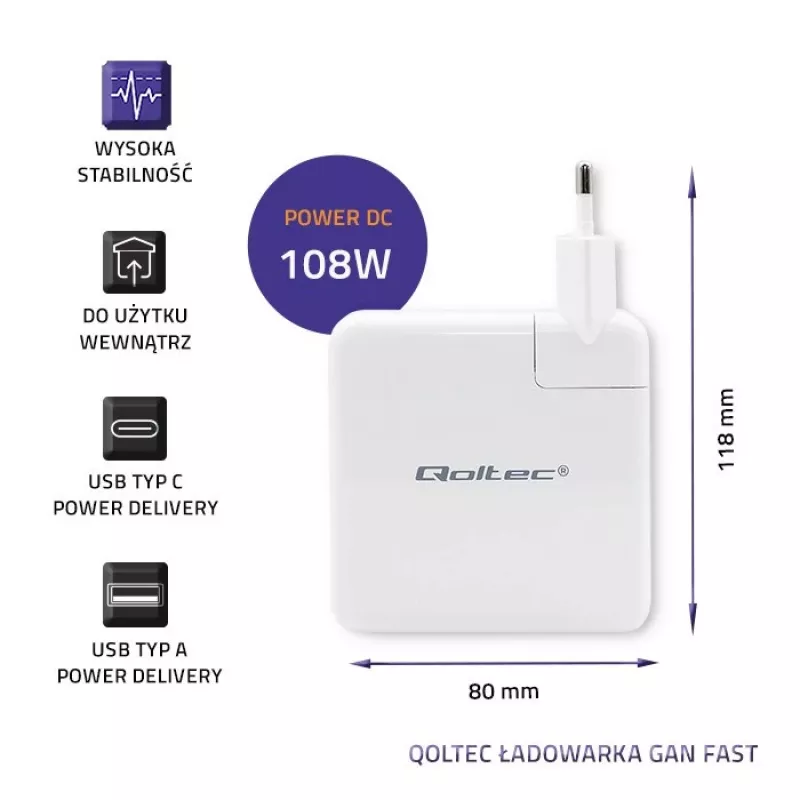 Qoltec GaN-laturi FAST 108W | 5-20V | 3-4.7A | USB C | valkoinen
