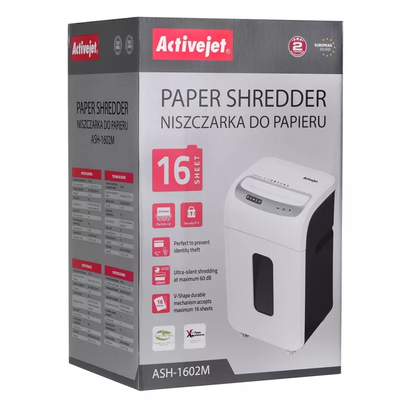 Silppuri Activejet ASH-1602M, P-5, 28 l, 2x14 mm silppu, valkoinen