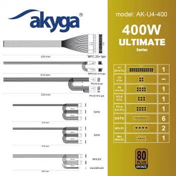 Akyga AK-U4-400 Ultimate 400 W ATX-virtalähde, 80 PLUS Bronze, aktiivinen PFC, 120 mm tuuletin