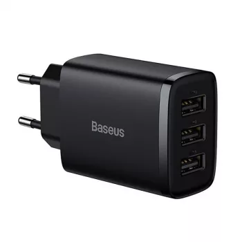 Baseus kompakti pikalaturi, 3x USB, 17 W (musta)