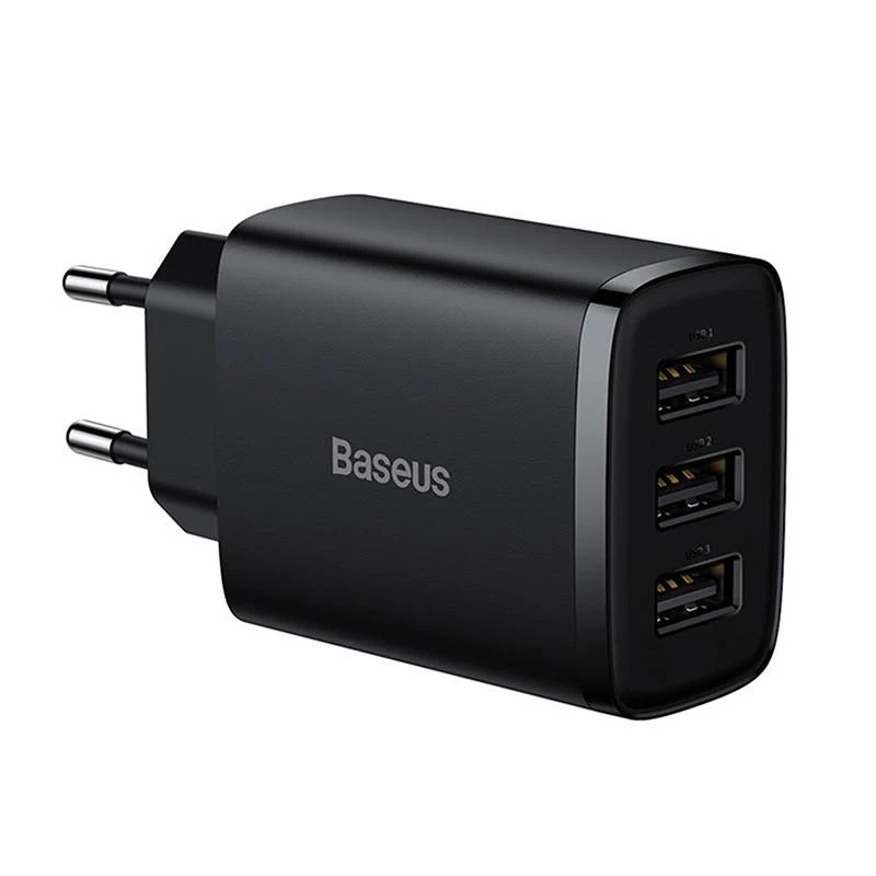 Baseus kompakti pikalaturi, 3x USB, 17 W (musta)