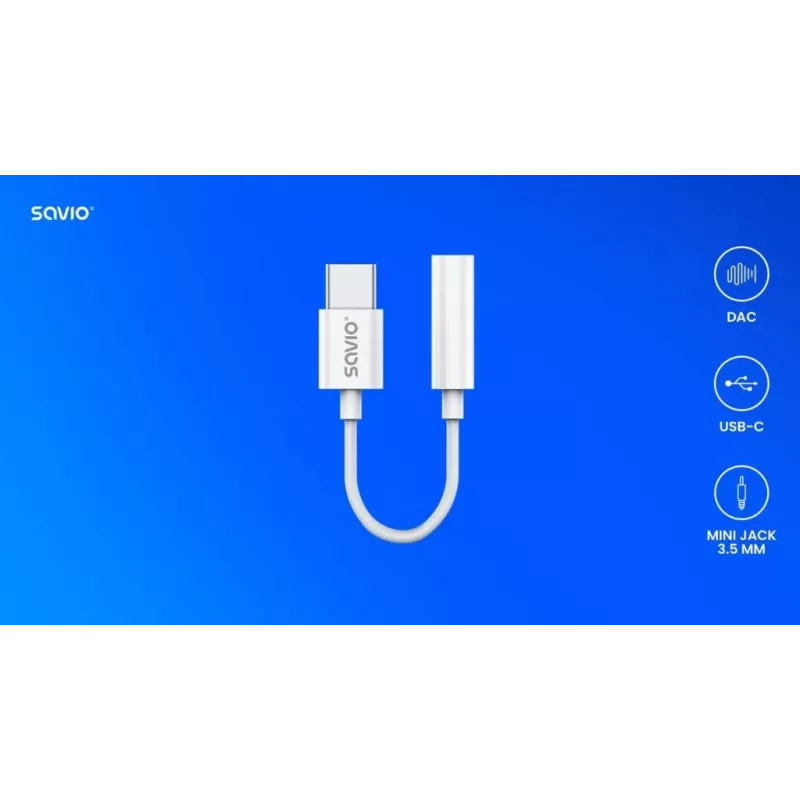 USB Type 3.1 C (M) – 3,5 mm Jack (F) audioadapteri valkoinen SAVIO AK-51