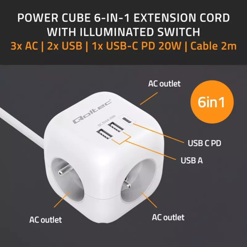 Power Cube QOLTEC 52547 jakotukki 3×AC-pistorasia, 2×USB-A, 1×USB-C PD 20W