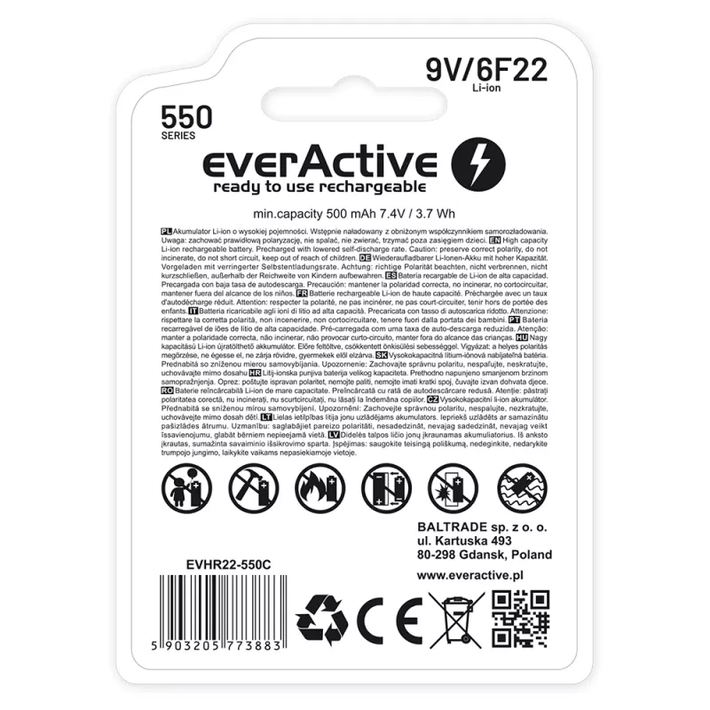 Ladattava akku everActive 6F22/9V Li-ion 550 mAh USB TYPE C:llä
