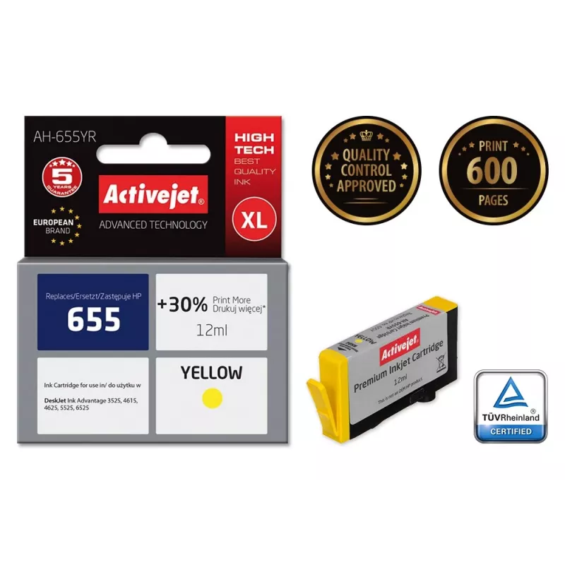 Activejet AH-655YR muste (korvaa HP 655 CZ112AE; Premium; 12 ml; keltainen)