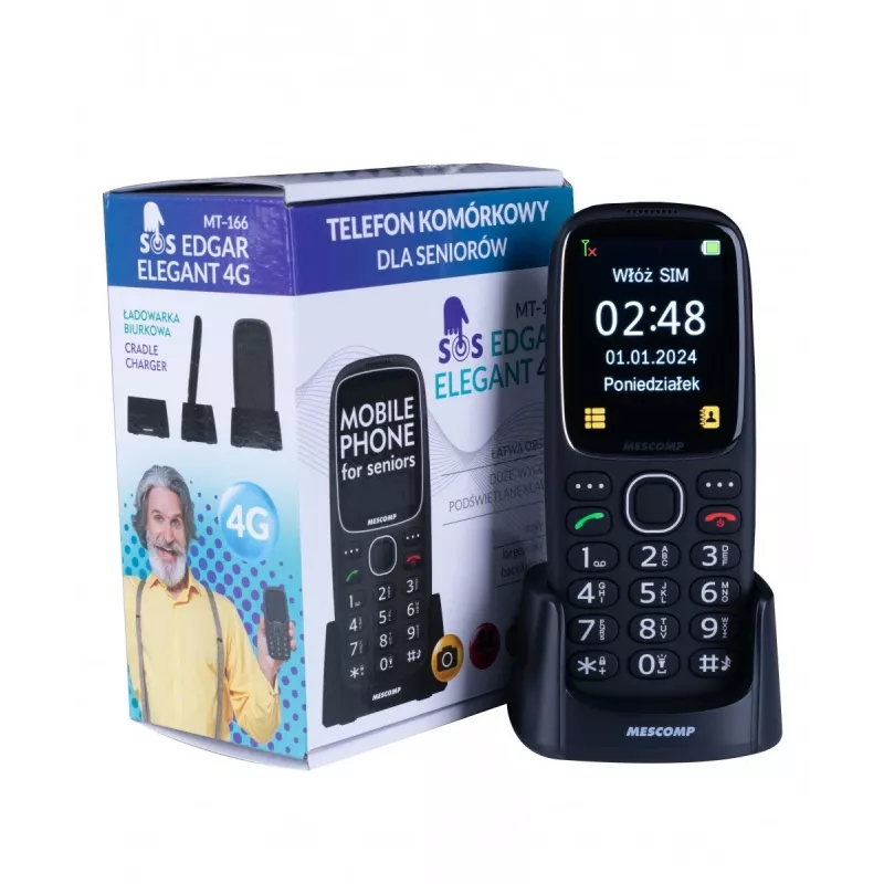 Matkapuhelin Mescomp MT-166 Edgar, elegantti, senioreille, 4G, musta