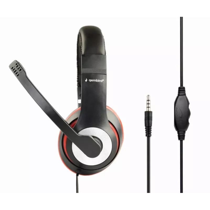 Langallinen pelikuulokemikrofoni GEMBIRD MHS-03-BKRD — binaural, korvan peittävä, 3,5 mm, 1,8 m kaapeli, punainen/musta