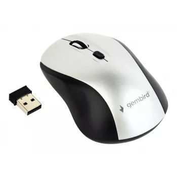 Langaton optinen hiiri Gembird MUSW-4B-02-BS, RF, molempikätinen, 1600 DPI, 4 painiketta, hopea/musta