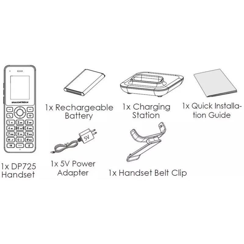 Grandstream DP725 langaton DECT HD -luuri, 1,8 tuuman TFT-värinäyttö, 20 SIP-tiliä/linjaa, push-to-talk, harmaa