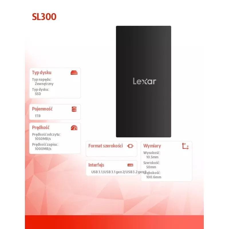 Ulkoinen SSD-kiintolevy Lexar 1 TB USB Type-C 3.2 Gen 2 LSL300001T-RNBNG