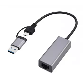 USB 3.1 Type-C gigabitin verkkosovitin Gembird A-USB3AC-LAN-01 — 1× RJ-45, 1000 Mbit/s, USB 3.2 Gen 1, metallikotelo, harmaa