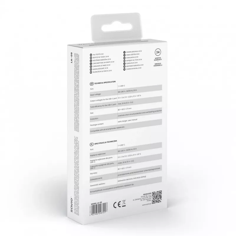 Seinäkiinnitteinen laturi 20W LA-09 USB-C QC, PD 3.0 Savio SAVLA-09