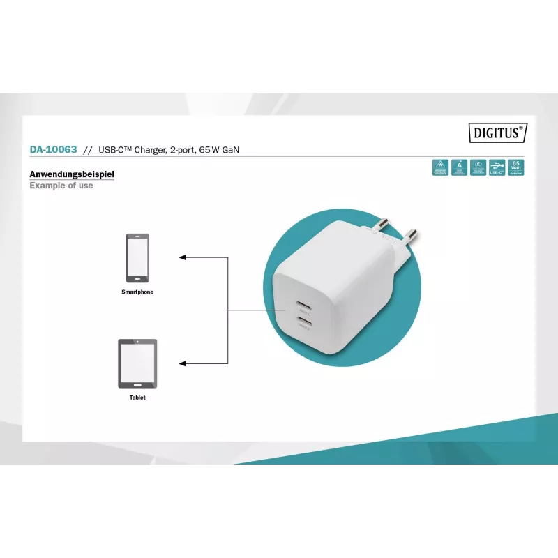 Digitus USB-C-laturi. 2-porttinen. 65W GaN