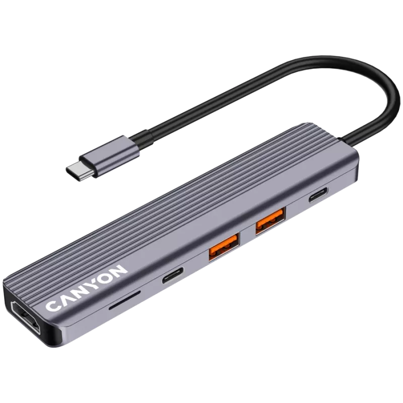 USB Type-C -keskitin CANYON DS-17 — HDMI, USB 3.2 Gen 1 A, USB-C, MicroSD, 10000 Mbit/s, harmaa