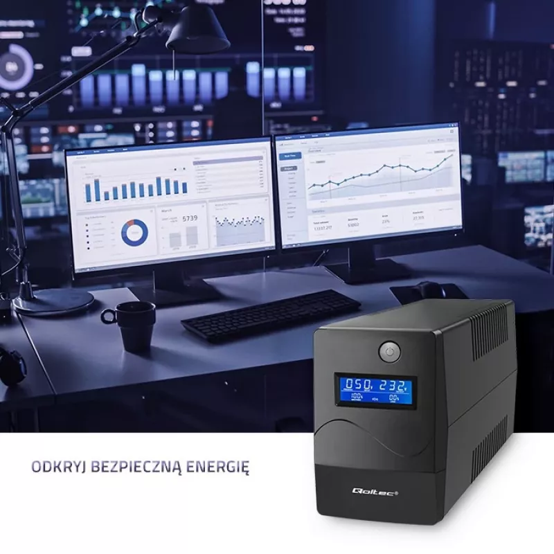 Qoltec Monolith UPS kaksoismuunnos online 0,65 kVA 360 W 2 pistorasiaa