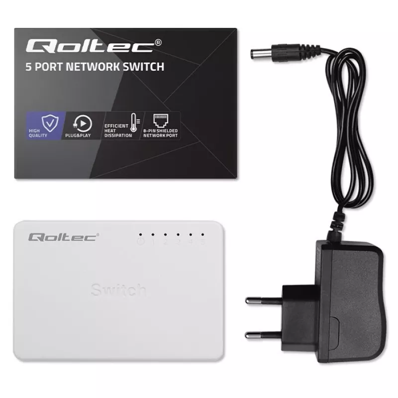 Verkkokytkin QOLTEC 52247 5 x RJ45-porttia 1000 Mbit/s Gigabit hallitsematon