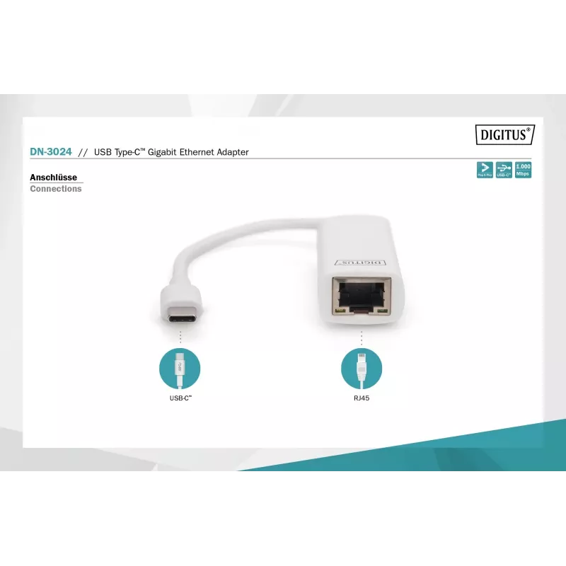 Digitus DN-3024 USB 3.0 -adapteri 20 cm 1x USB-C - 1x RJ45 suojattu