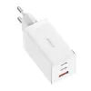 Seinälaturi Baseus GaN5 Pro 65W — USB + 2×USB-C (QC3.0, PD3.0) 1m USB-C-kaapelilla, valkoinen