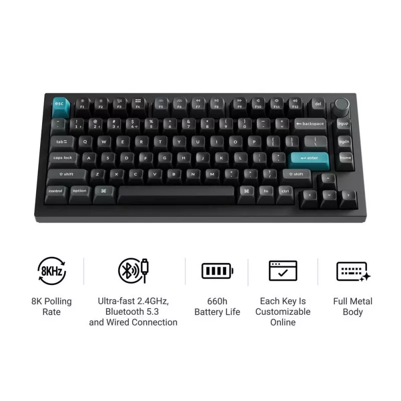 Mekaaninen näppäimistö Keychron Q1 Ultra 8K — 75% asettelu, USB + RF-langaton + Bluetooth, RGB, musta