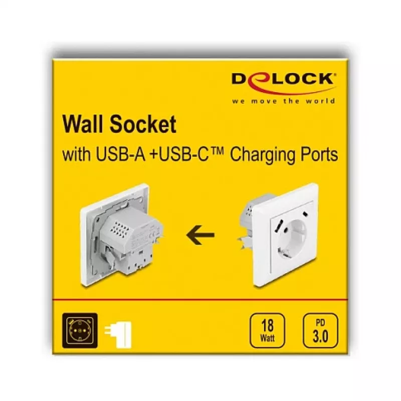 DeLOCK 11499 pistorasia tyyppi F USB-A ja USB-C valkoinen