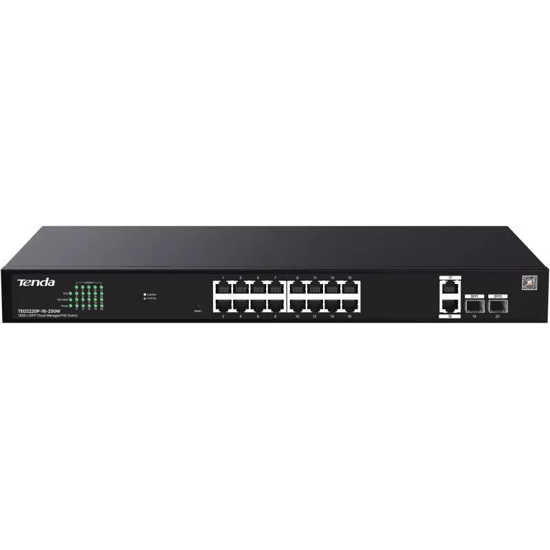 Kytkin TENDA TEG2220P-16-250W — Gigabit Websmart L2 Cloud PoE+ 16×1Gb/s, 230W