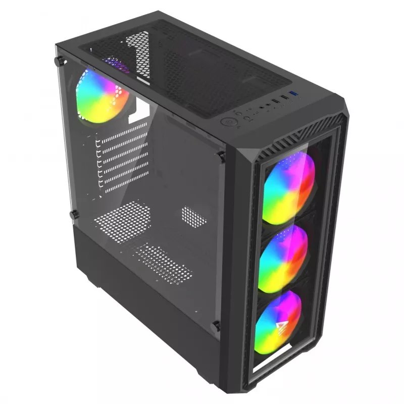 Savio Noctis Glass RGB Cube tietokonekotelo, ATX/Micro-ATX/Mini-ITX, karkaistua lasia oleva etuosa, RGB-tuulettimet, musta
