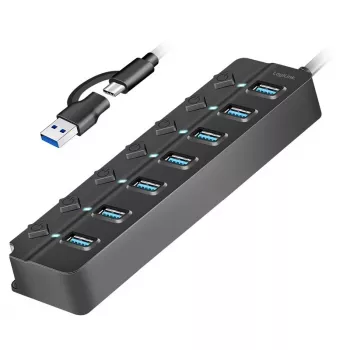 USB 3.2 Gen 1 -keskitin, 7 porttia on/off-kytkimellä, musta