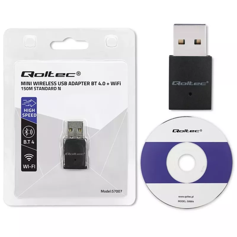 Kompakti langaton mini-USB-WLAN-sovitin QOLTEC 57007 – Single-Band 2,4 GHz, jopa 150 Mbit/s, sisäinen antenni