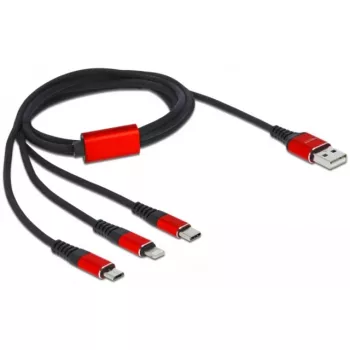 USB-latauskaapeli DeLOCK 3-in-1 Type-A Lightning / 2 x USB Type-C 1 m musta / punainen