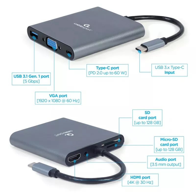 Gembird A-CM-COMBO6-01 USB-C 6-in-1 monitoimisovitin, USB 3.1 Gen 1, HDMI 4K, VGA, PD 60 W, SD/microSD-kortinlukija, 3,5 mm ääni, harmaa