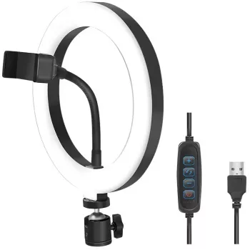 LogiLink AA0151 LED-rengasvalo älypuhelimille, Ø 200 mm, 3 väritilaa, himmennettävä, 1/4 tuuman jalustakierre, älypuhelinpidikkeellä, USB, 1,8 m kaapeli, musta