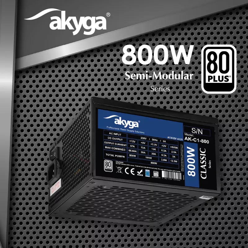 Akyga Classic AK-C1-800 ATX-virtalähde 800 W, 80 PLUS, aktiivinen PFC, 120 mm tuuletin