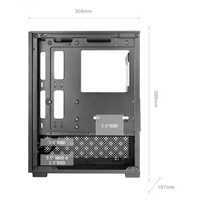 Mini-tornikotelo TACENS Mars Gaming MC-SE2 — Mini-ITX / Micro-ATX, musta, sivulasiseinä, pohjavirtalähde, tukee 2x2,5