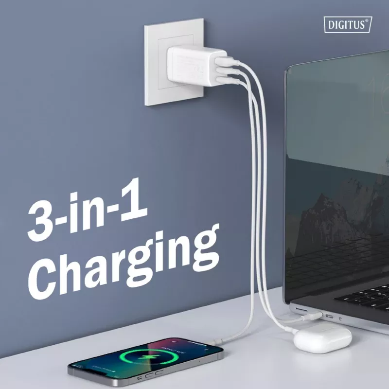 Seinä USB-laturi DIGITUS DA-10303 67W GaN, 2× USB-C + 1× USB-A, 100–240V, valkoinen