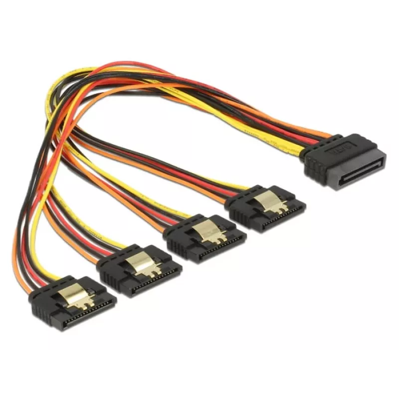 Delock 60157 SATA-virran jatkojohto, SATA 15-pin (uros) lukittava – 4x SATA 15-pin (naaras), 0,3 m, musta/keltainen/punainen/oranssi
