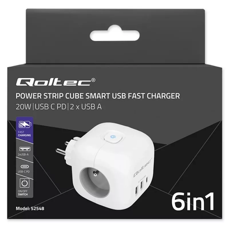 Jatkojohto QOLTEC 52548 3× AC-pistorasialla ja USB-liitännällä