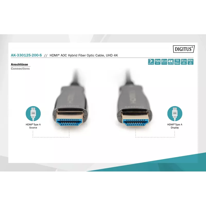 HDMI AOC hybridi-kuituoptinen kaapeli Digitus AK-330125-200-S