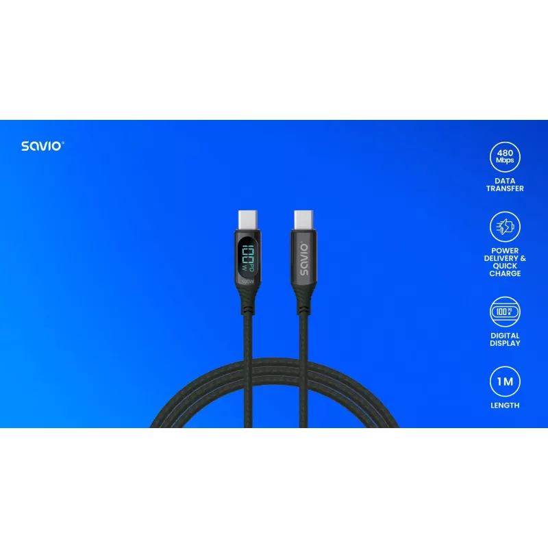 Savio CL-174 USB-C–USB-C-kaapeli, 100 W, Power Delivery/Quick Charge, digitaalinäyttö, 1 m, vihreä