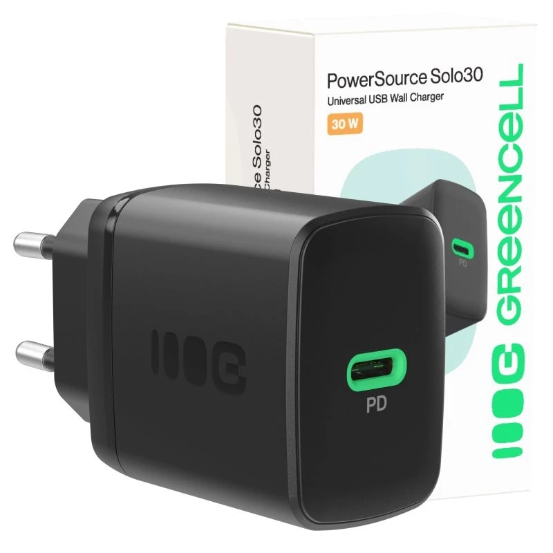 Virtalähde Green Cell PowerSource Solo30 30W musta — USB-C yksiporttinen laturi